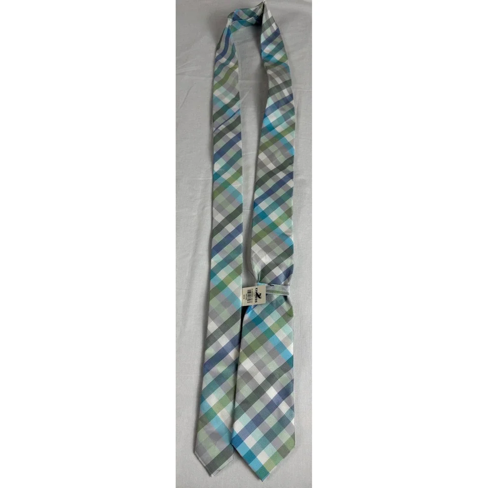 Express Mens Plaid Necktie Blue Green Grey Check Polyester New With Tags